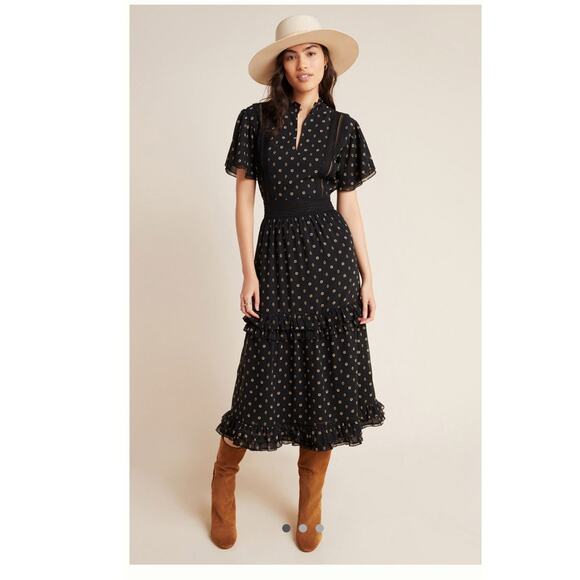 Scotch & Soda Sz S Tasha Midi Dress Black Ruffled Feminine Prairie Boho Fall - Picture 1 of 16